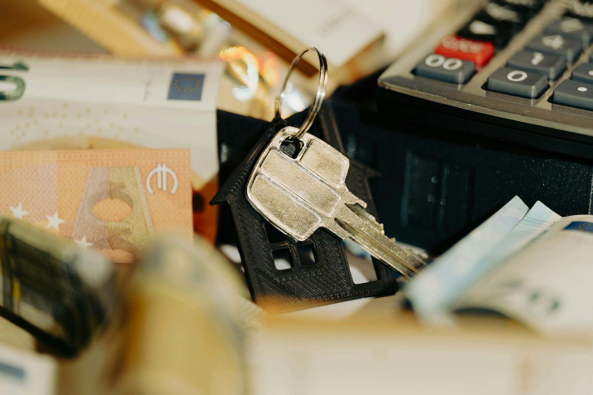 House keys rest on a keychain with euro banknotes and calculator, symbolizing real estate investment.